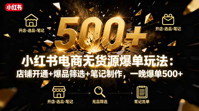 小红书电商无货源爆单玩法：店铺开通+爆品筛选+笔记制作，一晚爆单500+-网赚项目平台