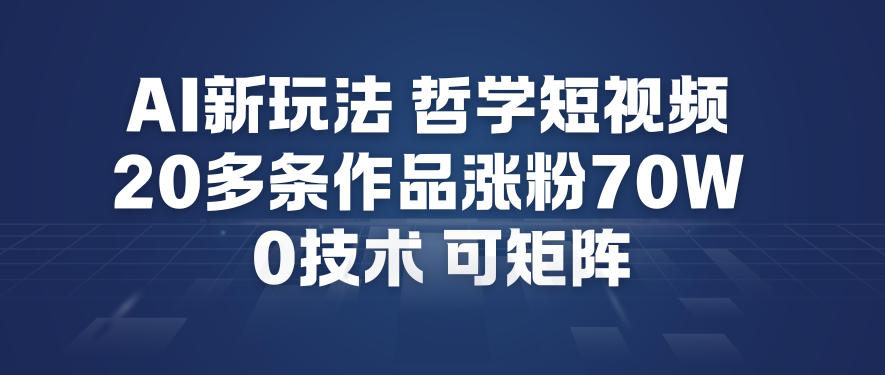 AI新玩法哲学短视频制作教学，20多条作品涨粉70W，0成本赛道，可矩阵-网赚项目平台