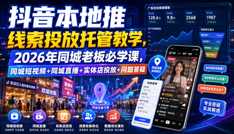 抖音本地推线索投放托管教学，2026年同城老板必学课，同城短视频+同城直播+实体店投放+问题答疑-网赚项目平台
