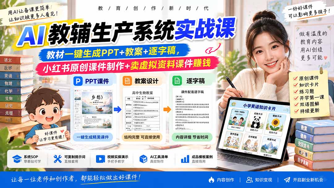 AI教辅生产系统实战课|教材一键生成PPT+教案+逐字稿,小红书原创课件制作+卖虚拟资料课件赚钱-网赚项目平台