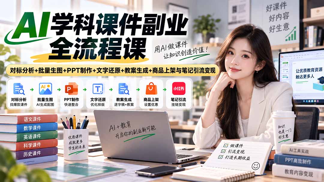 AI学科课件副业全流程课｜对标分析+批量生图+PPT制作+文字还原+教案生成+商品上架与笔记引流变现-网赚项目平台