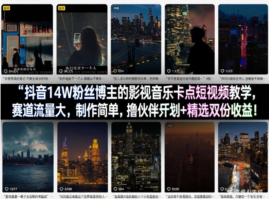 抖音14W粉丝博主的影视音乐卡点短视频教学，赛道流量大，制作简单，撸伙伴计划+精选双份收益！-网赚项目平台