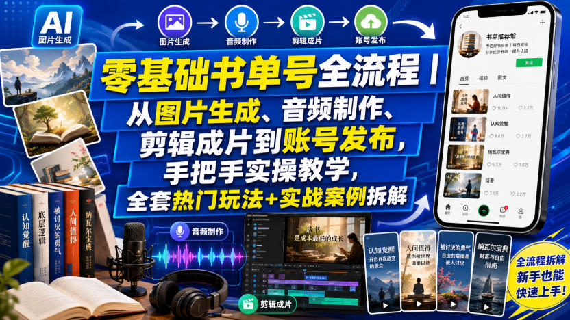 零基础书单号全流程｜从图片生成、音频制作、剪辑成片到账号发布，手把手实操教学，全套热门玩法+实战案例拆解-网赚项目平台