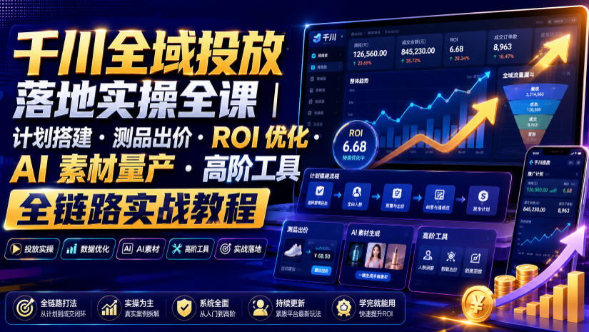 千川全域投放落地实操全课|计划搭建・测品出价・ROI优化・AI素材量产・高阶工具全链路实战教程-网赚项目平台