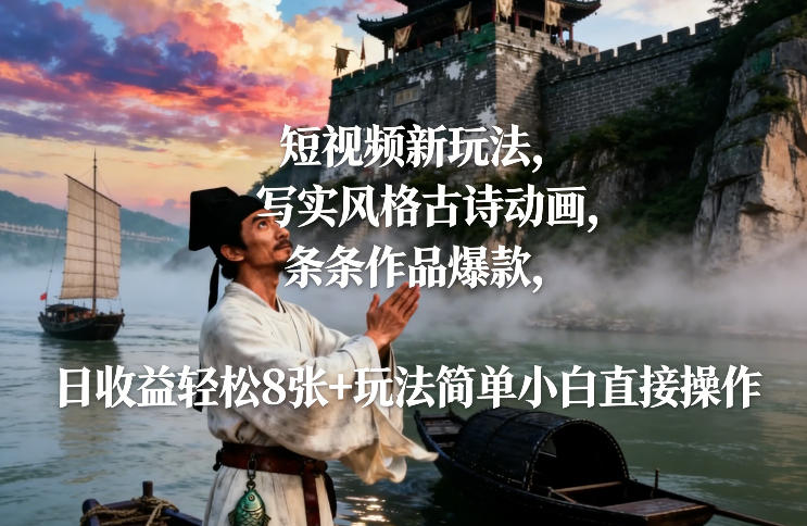 短视频新玩法，写实风格古诗动画，条条作品爆款，日收益轻松8张+玩法简单小白直接操作-网赚项目平台