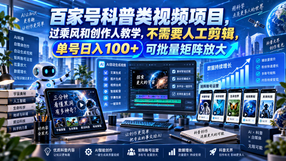 百家号科普类视频项目，过乘风和创作人教学，不需要人工剪辑，单号日入100+可批量矩阵放大-网赚项目平台
