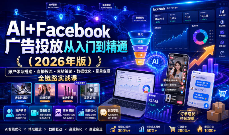 AI+Facebook广告投放从入门到精通(2026年版)｜账户体系搭建・直播投流・素材策略・数据优化・聊单变现全链路实战课-网赚项目平台
