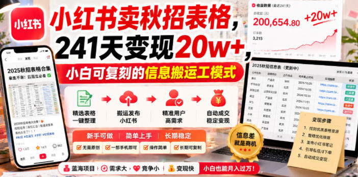 小红书卖秋招表格,241天变现20w+,小白可复刻的信息搬运工模式-网赚项目平台