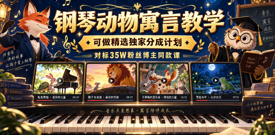钢琴动物寓言教学，可做精选独家分成计划，对标35W粉丝博主同款课-网赚项目平台