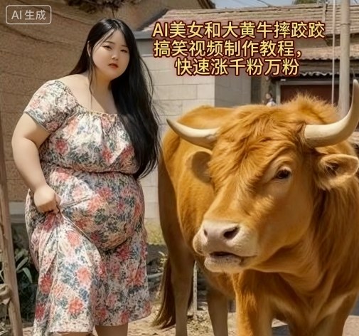 AI美女和大黄牛摔跤搞笑荒诞视频制作教程，快速涨千粉万粉-网赚项目平台