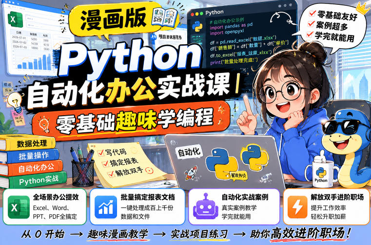 漫画版Python自动化办公实战课｜零基础趣味学编程，全场景办公提效、批量搞定报表文档、解放双手进阶职场-网赚项目平台