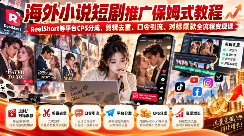 海外小说短剧推广保姆式教程｜ReelShort等平台CPS分成，剪辑去重、口令引流、对标爆款全流程变现课-网赚项目平台
