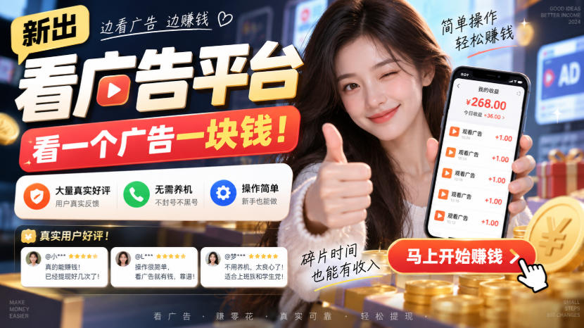 新出看广告平台，看一个广告一块钱，大量真实好评！无需养机、不会黑号，操作简单【揭秘】-网赚项目平台