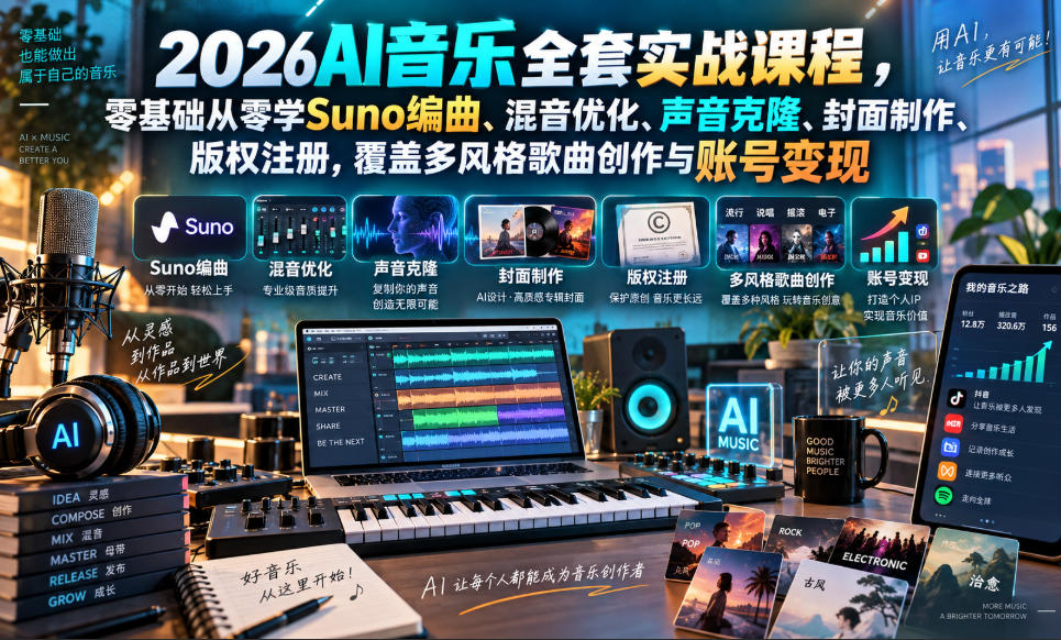 2026AI音乐实战课程,零基础从零学Suno编曲、混音优化、声音克隆、版权注册,覆盖多风格歌曲创作与账号变现-网赚项目平台