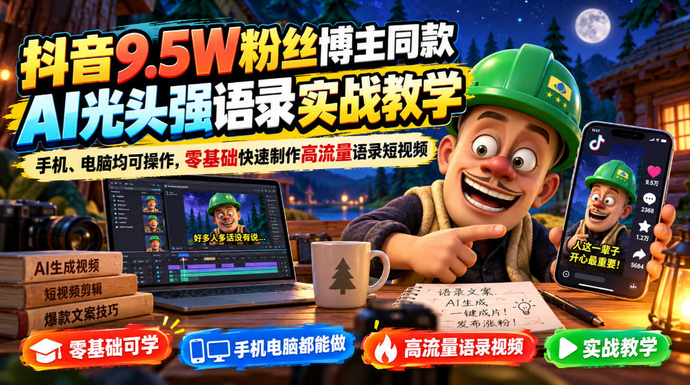 抖音9.5W粉丝博主同款AI光头强语录实战教学,手机、电脑均可操作,零基础快速制作高流量语录短视频-网赚项目平台