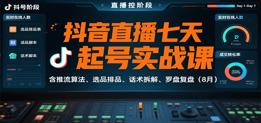 抖音直播七天起号实战课：含推流算法、选品排品、话术拆解、罗盘复盘(8月)-网赚项目平台