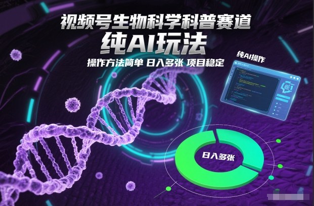 视频号生物科学科普赛道,纯AI玩法,操作方法简单,日入多张,项目稳定-网赚项目平台