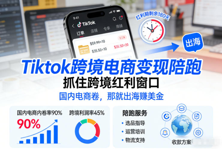 Tiktok跨境电商变现陪跑，抓住跨境红利窗口，国内电商卷，那就出海賺美金-网赚项目平台