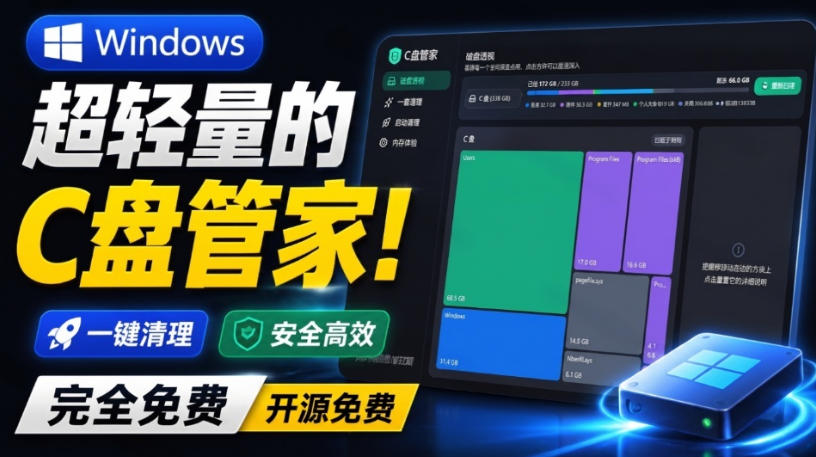 Windows超轻量的C盘管家！超级有特点，支持磁盘分析及清理提醒，2M大小体积，完全免费C盘管家-网赚项目平台