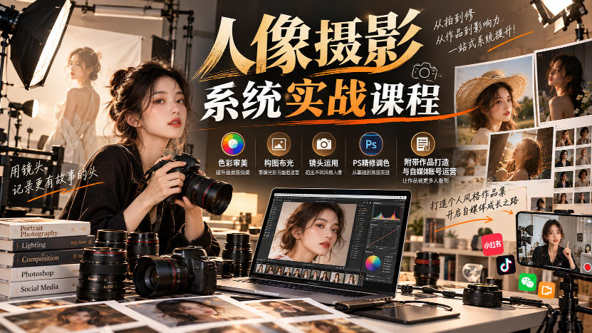 【无水印】人像摄影系统实战课程，色彩审美、构图布光、镜头运用、PS精修调色，附带作品打造与自媒体账号运营-网赚项目平台