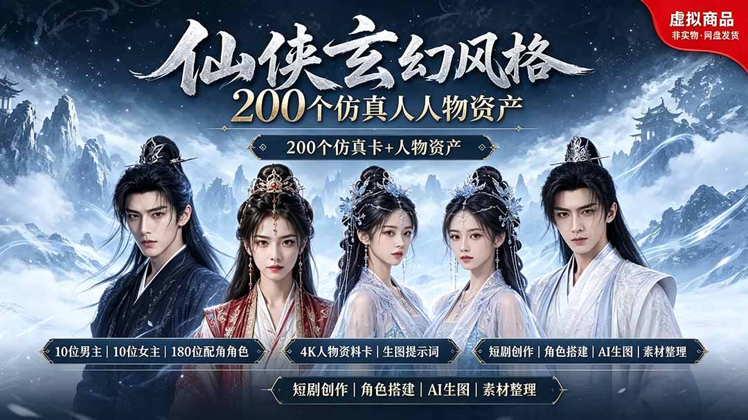 200个仙侠玄幻仿真人素材◆10男主×10女主×180配角，4K资料卡+AI生图提示词，漫剧必备-网赚项目平台