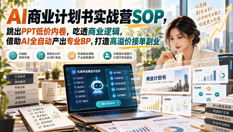 AI商业计划书实战营SOP,跳出PPT低价内卷,吃透商业逻辑,借助AI全自动产出专业BP,打造高溢价接单副业-网赚项目平台