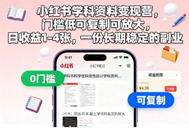 小红书学科资料变现营，门槛低可复制可放大，日收益1-4张，一份长期稳定的副业-网赚项目平台