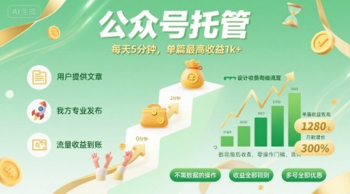 【公众号托管 】我提供文章，你发布，每天5分钟，单篇最高收益1k+【揭秘】-网赚项目平台