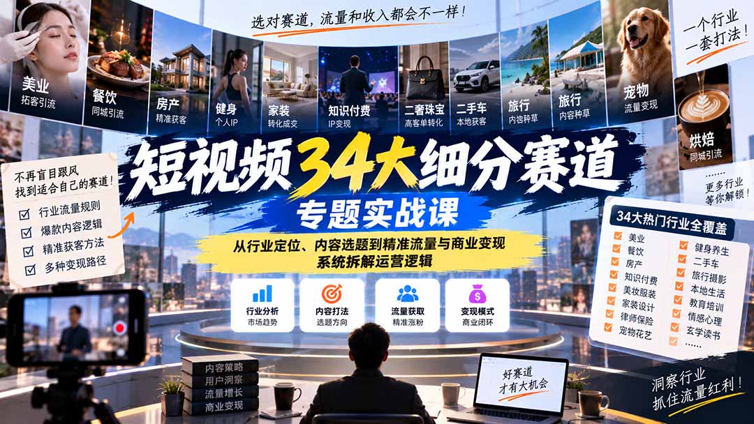 短视频34大细分赛道专题实战课：从行业定位、内容选题到精准流量与商业变现，系统拆解运营逻辑-网赚项目平台