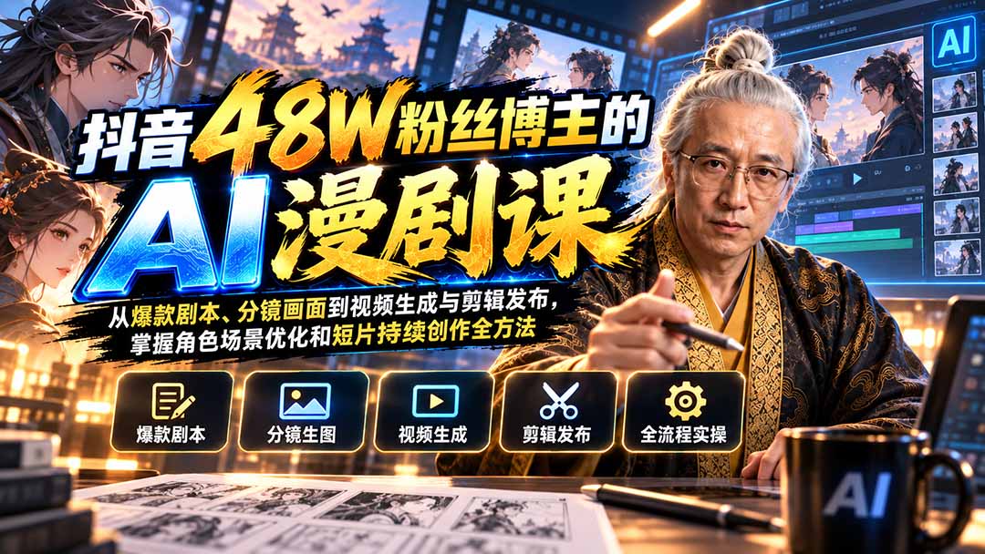 抖音48W粉丝博主的AI漫剧课：从爆款剧本、分镜画面到视频生成与剪辑发布，掌握角色场景优化和短片持续创作全方法-网赚项目平台