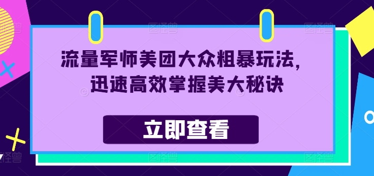 流量军师美团大众粗暴玩法，迅速高效掌握美大秘诀-网赚项目平台