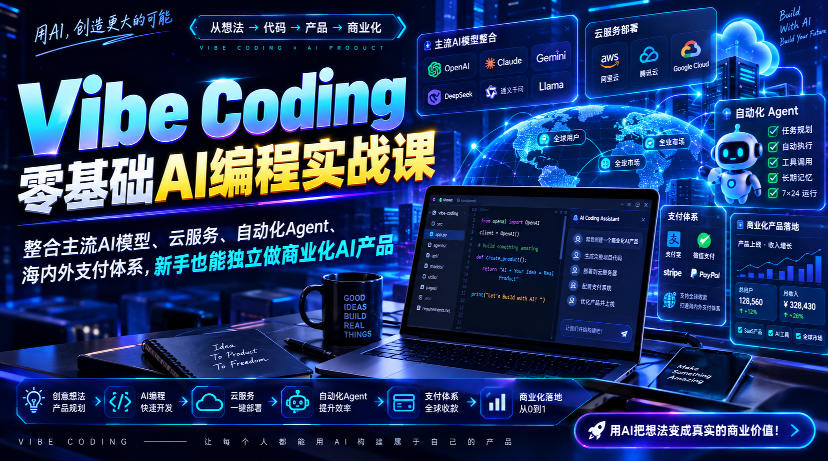 Vibe Coding零基础AI编程实战课-无水印,整合主流AI模型、云服务、自动化Agent、海内外支付体系,新手也能独立做商业化AI产品-网赚项目平台