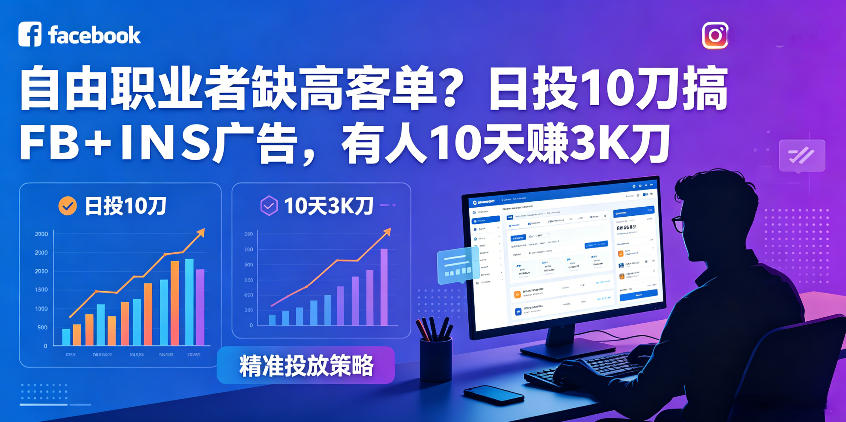 自由职业者缺高客单？日投10刀搞FB+INS广告，有人10天赚3K刀！【原创双语字幕】-网赚项目平台