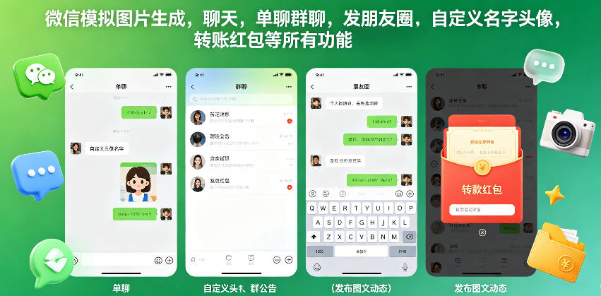 微信模拟图片生成，聊天，单聊群聊，发朋友圈，自定义名字头像，转账红包等所有功能都可以生成-网赚项目平台