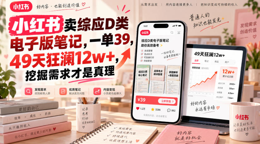 小红书卖综应D类电子版笔记，一单39，49天狂澜12w+，挖掘需求才是真理-网赚项目平台