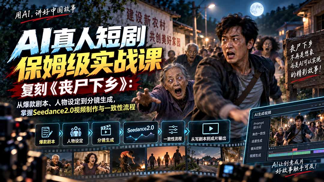 AI真人短剧保姆级实战课,复刻《丧尸下乡》:从爆款剧本、人物设定到分镜生成,掌握Seedance2.0视频制作与一致性流程-网赚项目平台