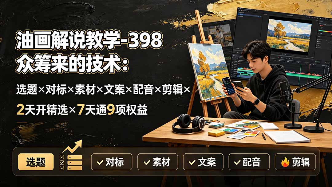 油画解说教学-398众筹来的技术：选题×对标×素材×文案×配音×剪辑×2天开精选×7天通9项权益-网赚项目平台