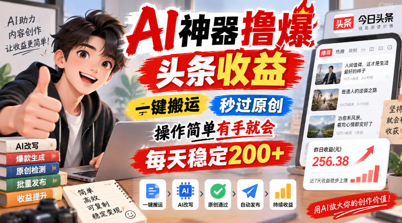 AI神器撸爆头条收益，一键搬运，秒过原创，操作简单有手就会，每天稳定200+【揭秘】-网赚项目平台