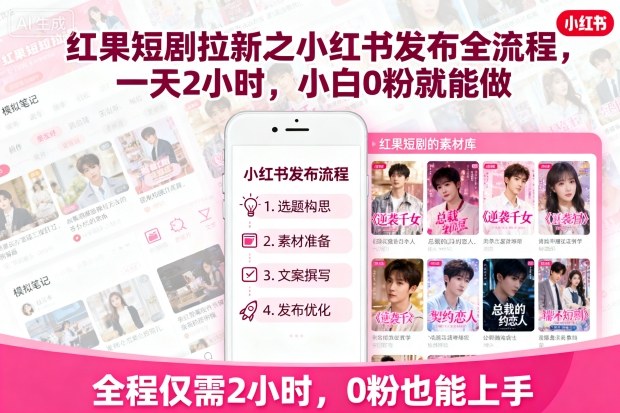 红果短剧拉新之小红书发布全流程，一天2小时，小白0粉就能做-网赚项目平台