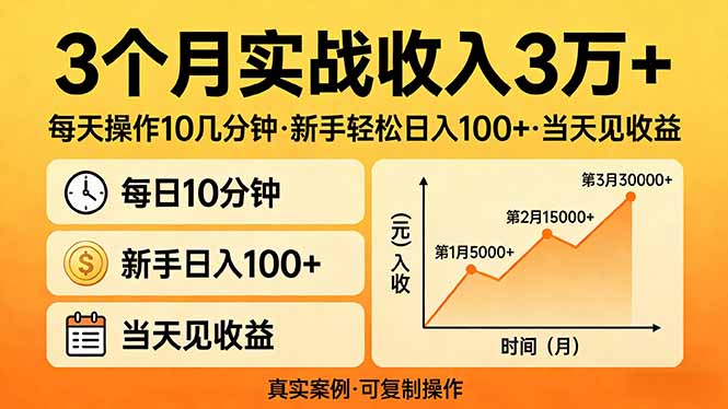 3个月实战收入3万+，每天操作10几分钟，新手轻松日入100+，当天见收益-网赚项目平台