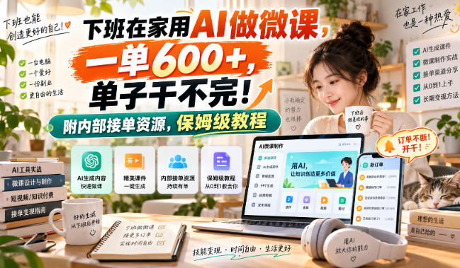 下班在家用AI做微课，一单600+，单子干不完！附内部接单资源，保姆级教程【揭秘】-网赚项目平台