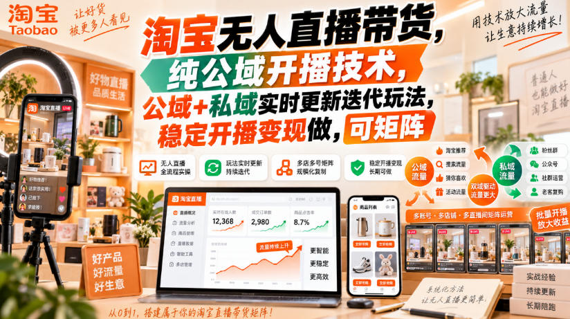 淘宝无人直播带货,纯公域开播技术,公域+私域实时更新迭代玩法,稳定开播变现做,可矩阵【揭秘】-网赚项目平台