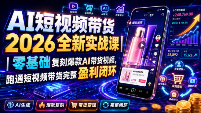 AI短视频带货2026全新实战课｜零基础复刻爆款AI带货视频，跑通短视频带货完整盈利闭环-网赚项目平台