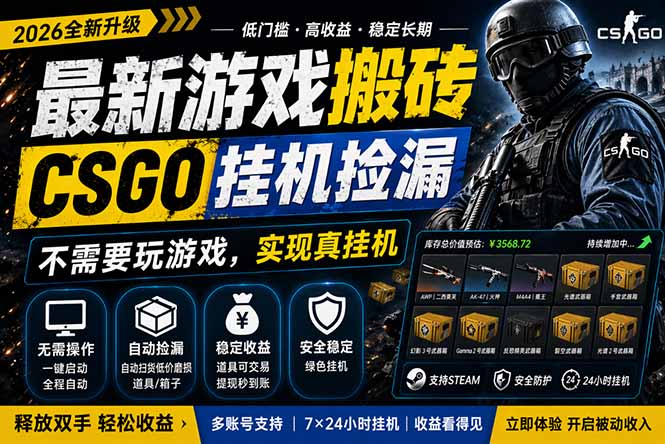 最新游戏搬砖，CSGO纯挂机，不需要玩游戏，实现真挂机，月入1W+，五一小高峰上车可吃肉，...-网赚项目平台