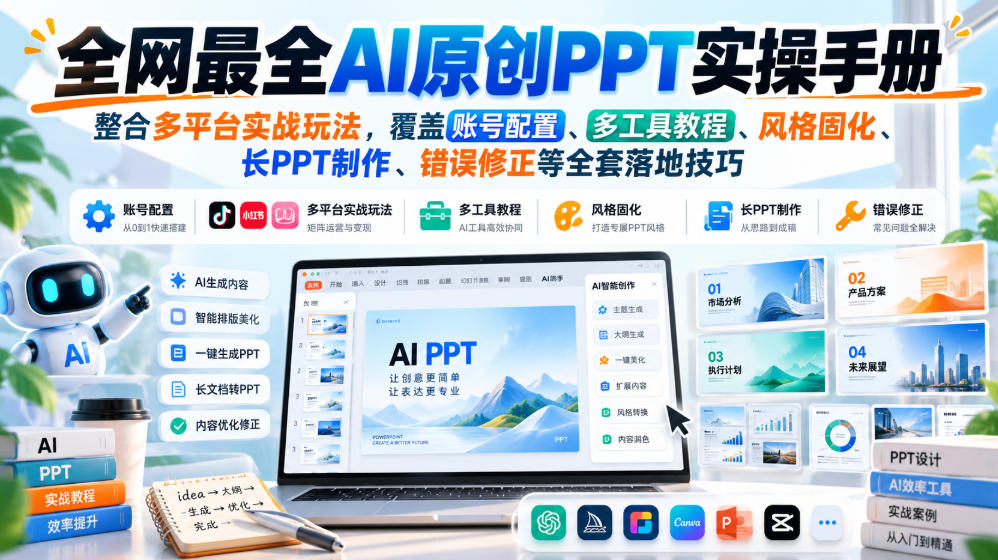 全网最全AI原创PPT实操手册，整合多平台实战玩法，覆盖账号配置、多工具教程、风格固化、长PPT制作、错误修正等全套落地技巧-网赚项目平台