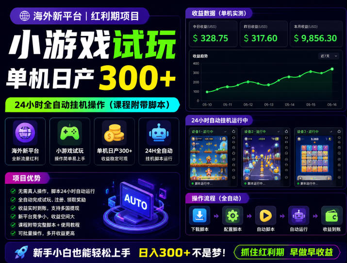 海外新平台，小游戏试玩，单机日产300+，24小时全自动挂G操作(课程附带脚本)【揭秘】-网赚项目平台