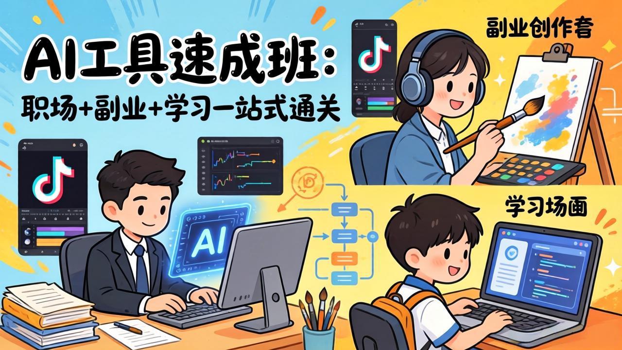 AI工具速成班：职场+副业+学习一站式通关，20+爆款类型+剪映技巧+抖音算法，0基础快速上手-网赚项目平台