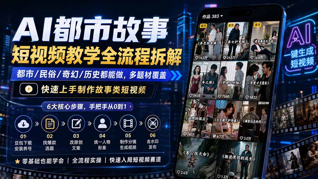 AI都市故事短视频教学全流程拆解；都市/民俗/奇幻/历史都能做多题材覆盖，快速上手制作故事类短视频-网赚项目平台