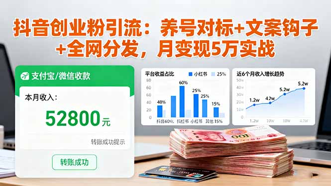 抖音创业粉引流:养号对标+文案钩子+全网分发,月变现5万实战-网赚项目平台
