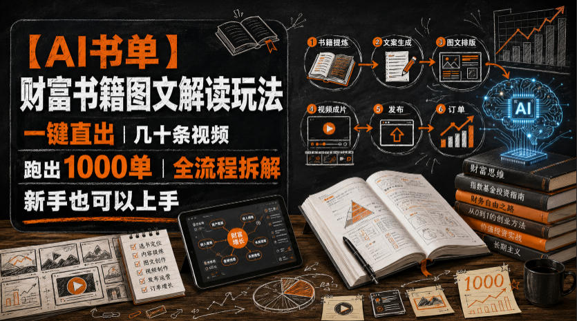 【AI书单】财富书籍图文解读玩法，一键直出，几十条视频，跑出1000单，全流程拆解，新手也可以上手-网赚项目平台